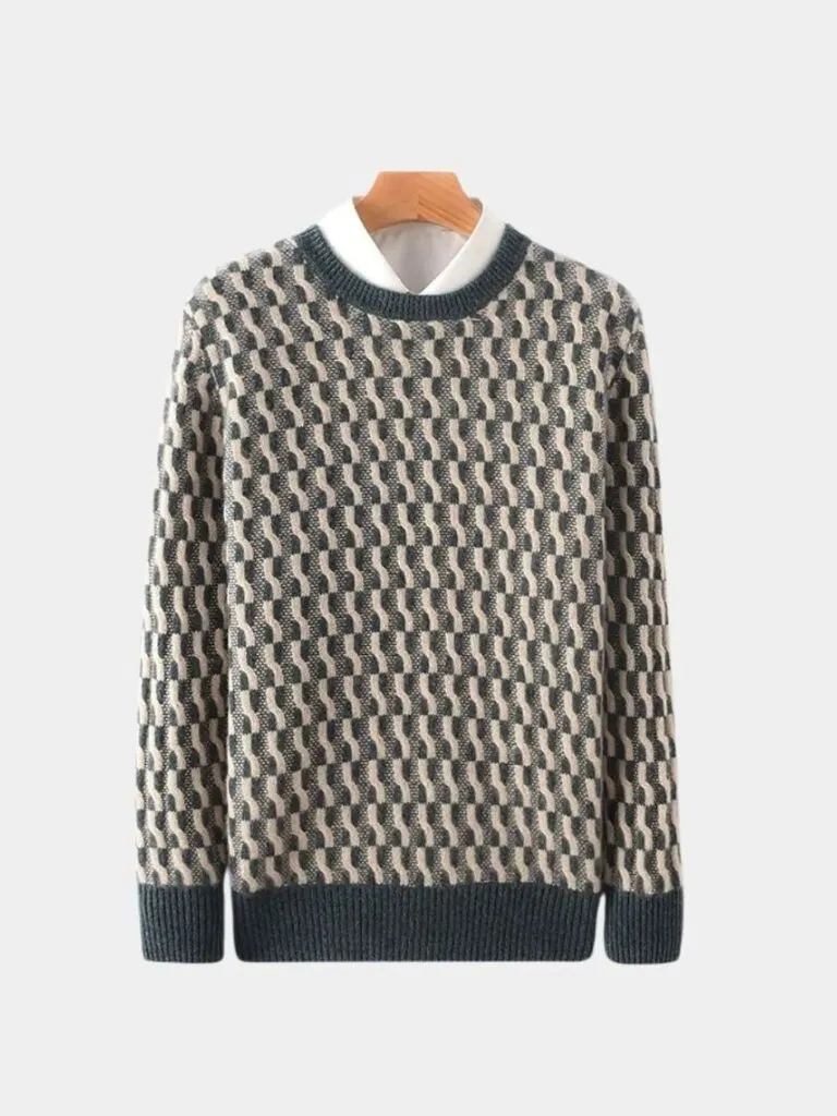 100% Wool Geometric Crew Neck Pullover Sweater - Cross & Crown