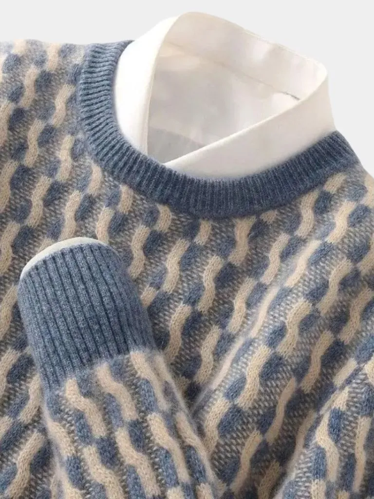 100% Wool Geometric Crew Neck Pullover Sweater - Cross & Crown
