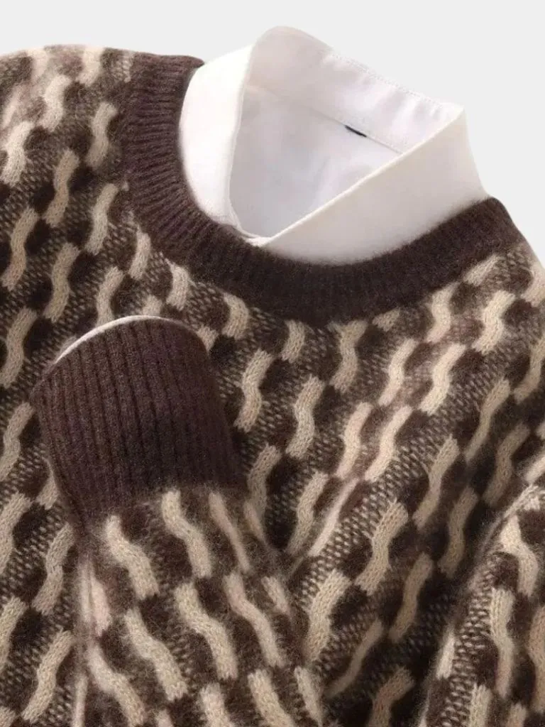 100% Wool Geometric Crew Neck Pullover Sweater - Cross & Crown