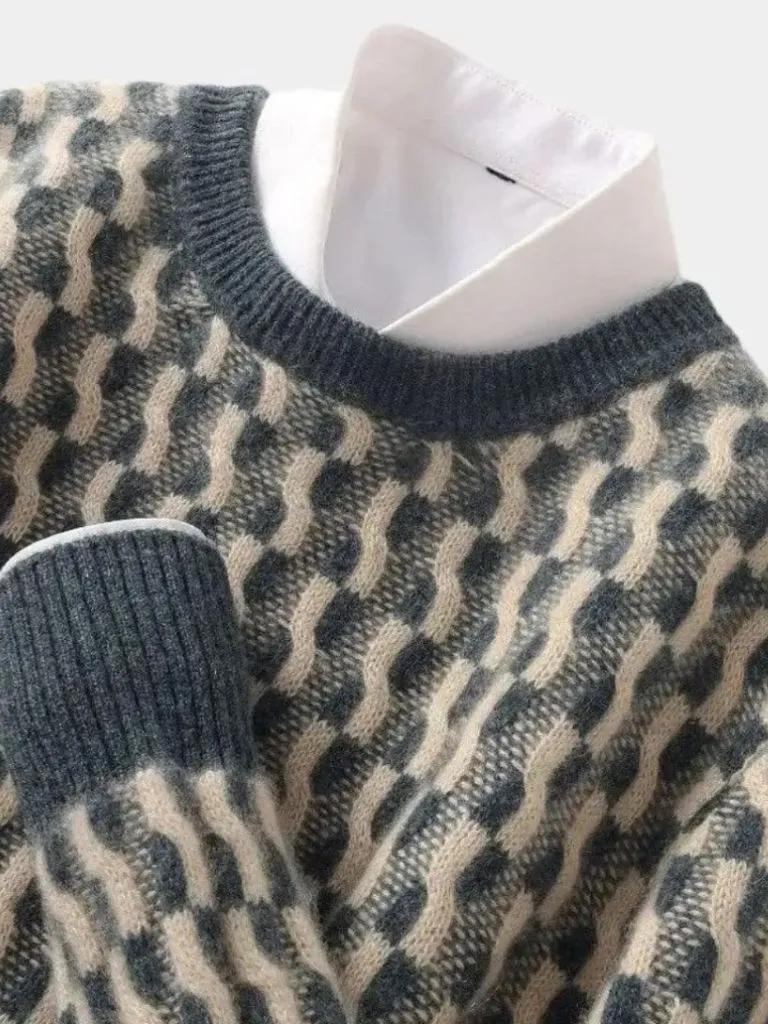 100% Wool Geometric Crew Neck Pullover Sweater - Cross & Crown