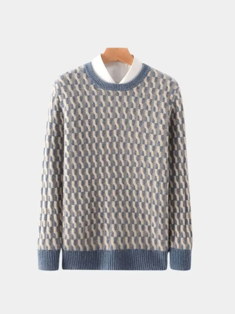 100% Wool Geometric Crew Neck Pullover Sweater - Cross & Crown