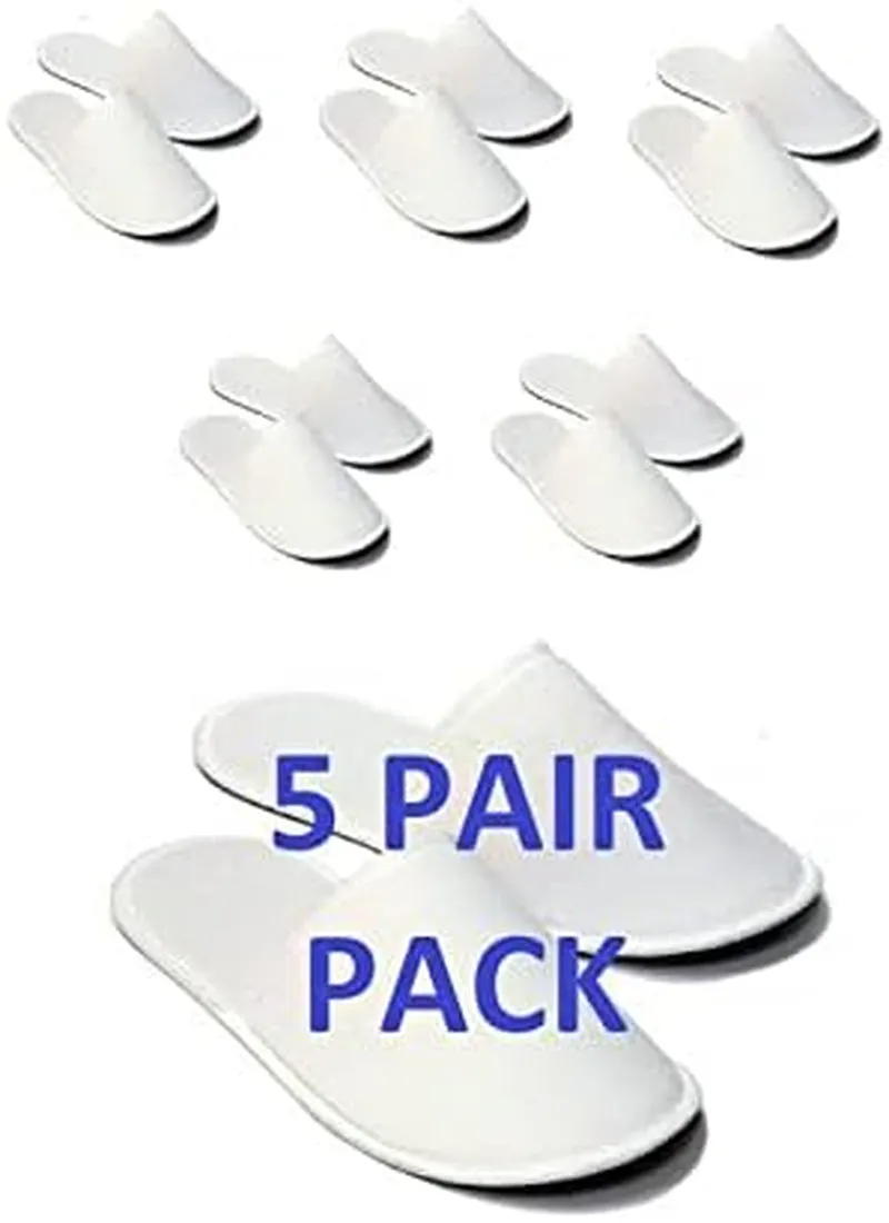5 Pairs Fabric Packed Disposable Hotel Slippers for Airbnb Spa Salon Party Wedding Guests - Fits up to Adult US Men Size 10 & Women Size 11, White