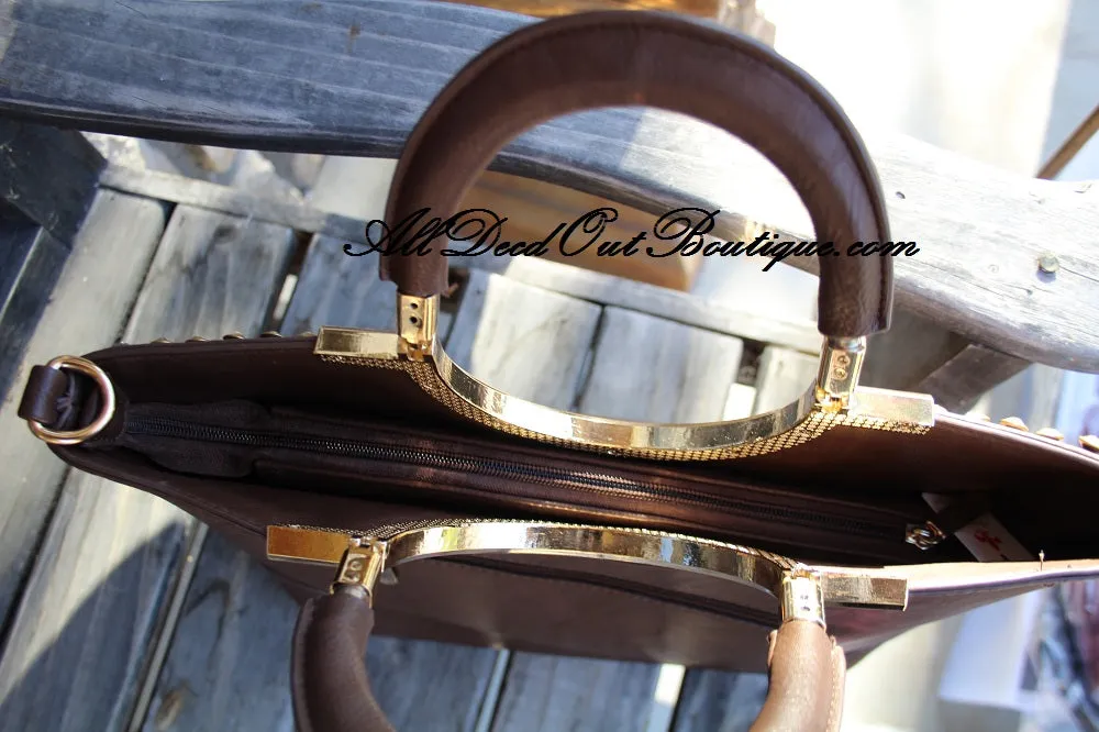 ADO | Square Brown Purse with Rhinestone & Stud Outline