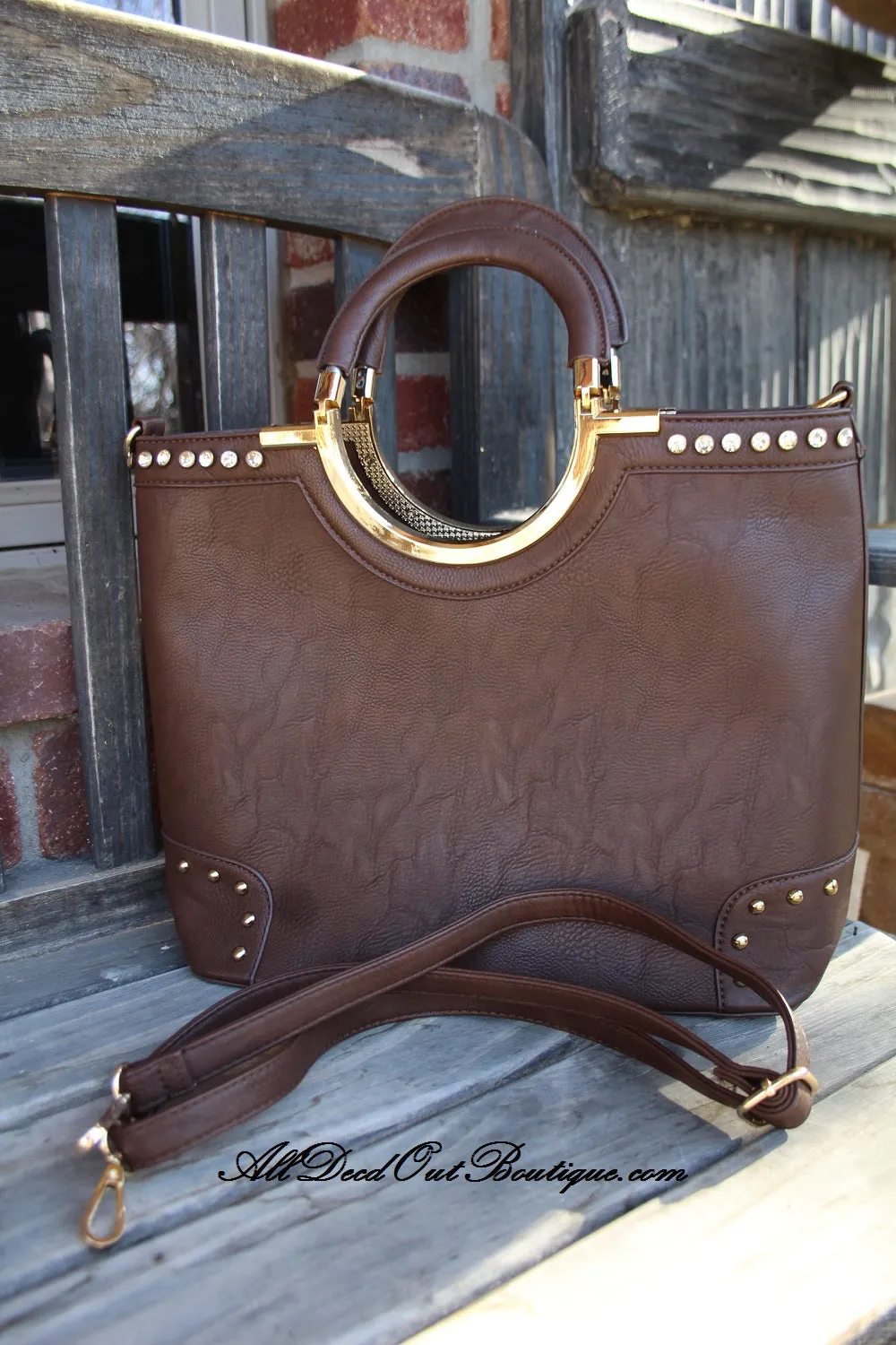 ADO | Square Brown Purse with Rhinestone & Stud Outline