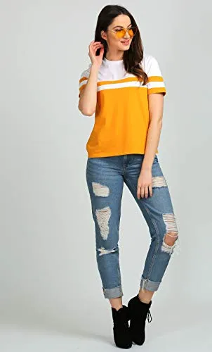 AELOMART Women's Cotton Round Neck Mustard Half Sleeve Top(AWT2053MDW-Pn) (Mustard, Small)