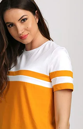 AELOMART Women's Cotton Round Neck Mustard Half Sleeve Top(AWT2053MDW-Pn) (Mustard, Small)