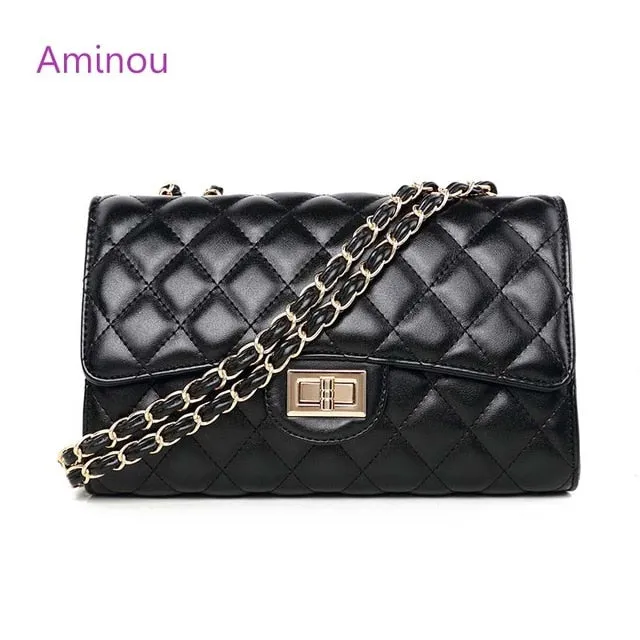 Aminou Brands Leather Flap Bag Black Quilted Crossbody Bag Luxury Handbags Women Bags Designer Chains Shoulder Ladies Hand Bags
