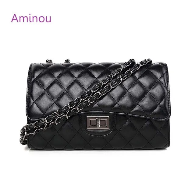 Aminou Brands Leather Flap Bag Black Quilted Crossbody Bag Luxury Handbags Women Bags Designer Chains Shoulder Ladies Hand Bags