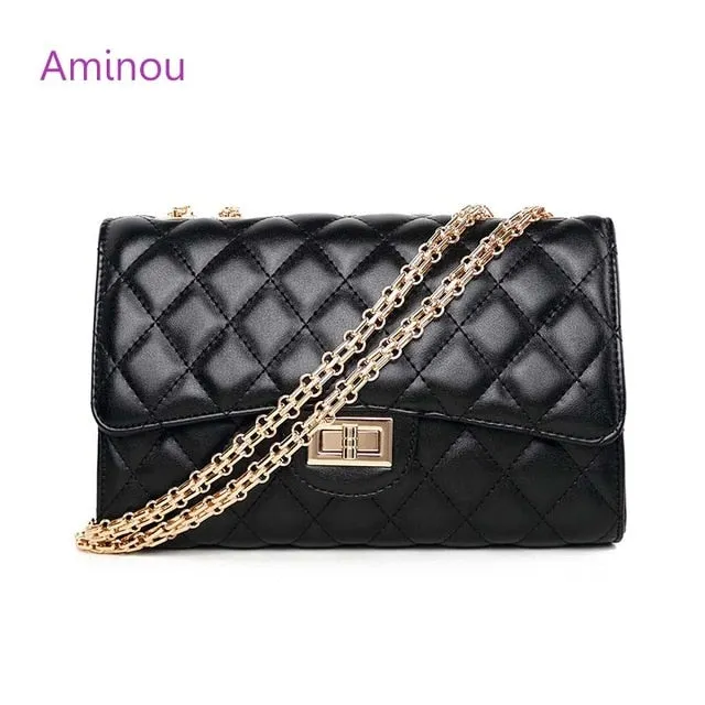 Aminou Brands Leather Flap Bag Black Quilted Crossbody Bag Luxury Handbags Women Bags Designer Chains Shoulder Ladies Hand Bags