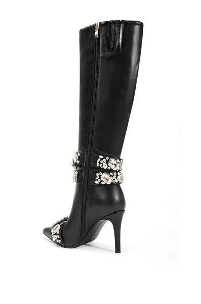 AZALEA WANG -ALONZA BLACK EMBELLISHED STILETTO BOOT