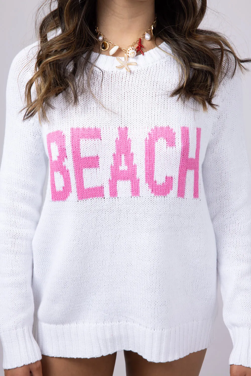 Beach Crewneck Sweater for Women in White/Pink | V2406-WHITEPINK