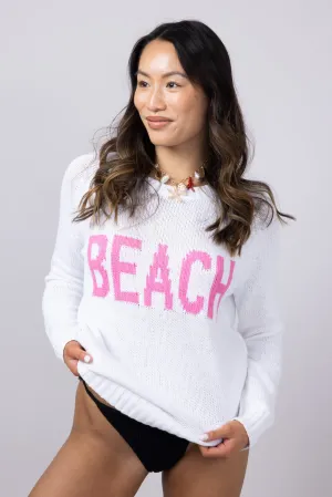 Beach Crewneck Sweater for Women in White/Pink | V2406-WHITEPINK