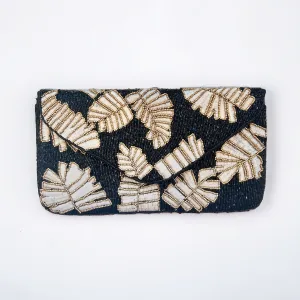 Beaded Black, Gold & White Palm Leaf Handbag
