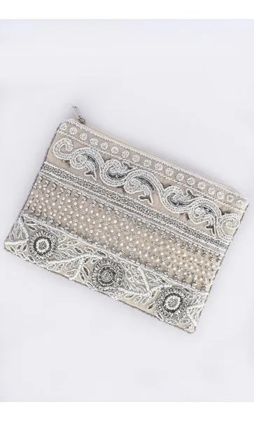 Beaded Panels Zip Top Clutch