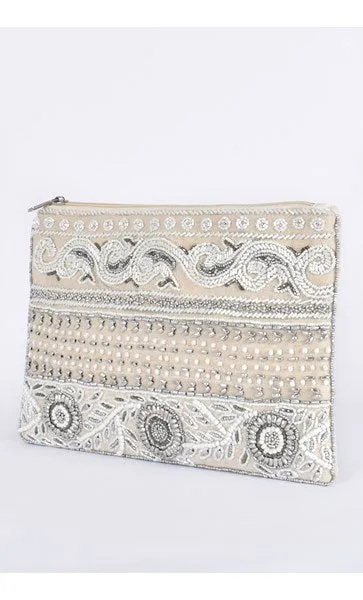 Beaded Panels Zip Top Clutch