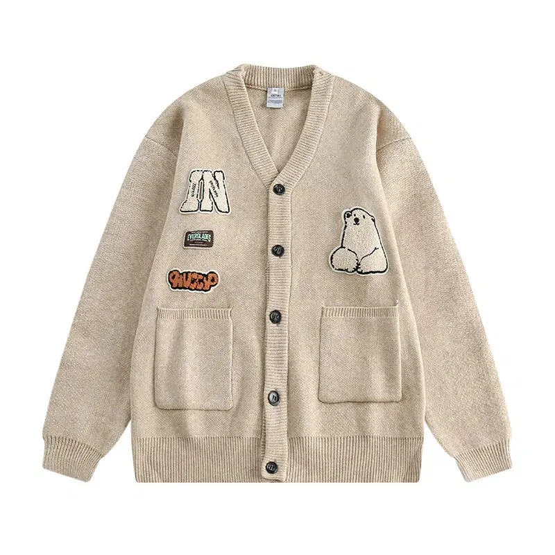 Bear Printed College Cardigan V-neck Sweater