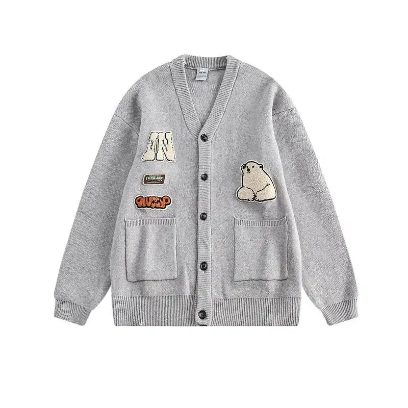 Bear Printed College Cardigan V-neck Sweater