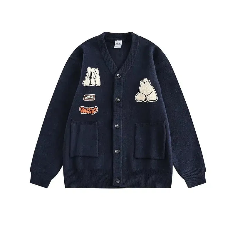 Bear Printed College Cardigan V-neck Sweater
