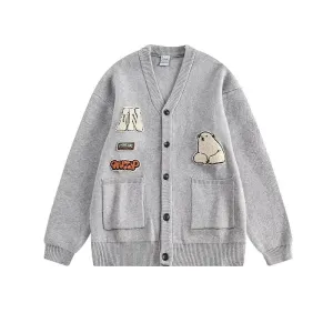 Bear Printed College Cardigan V-neck Sweater