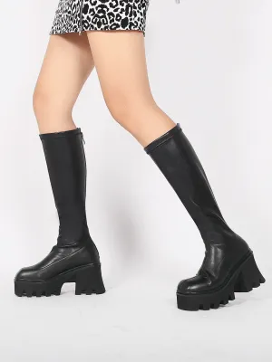 Black Chunky Heel Knee High Boot