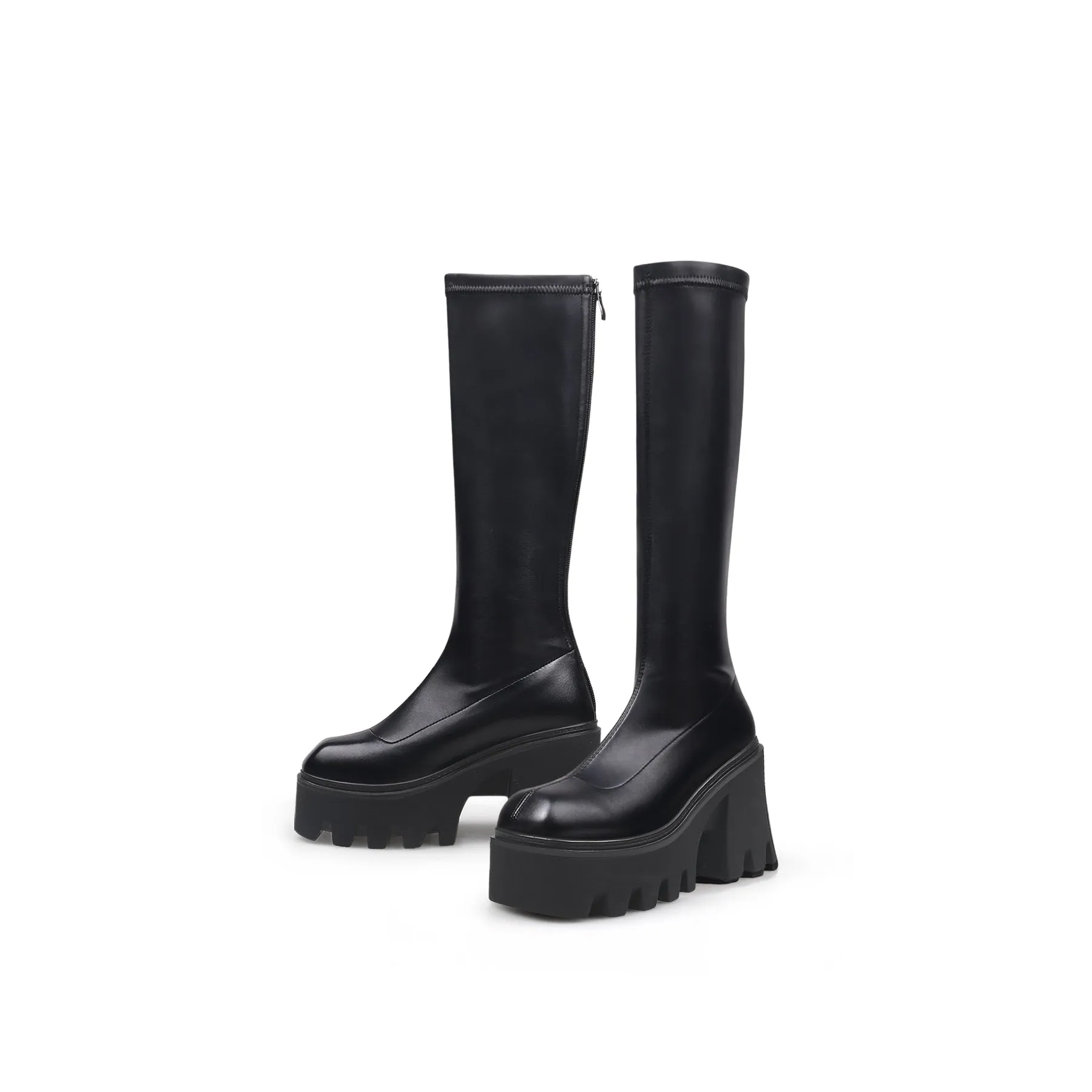 Black Chunky Heel Knee High Boot