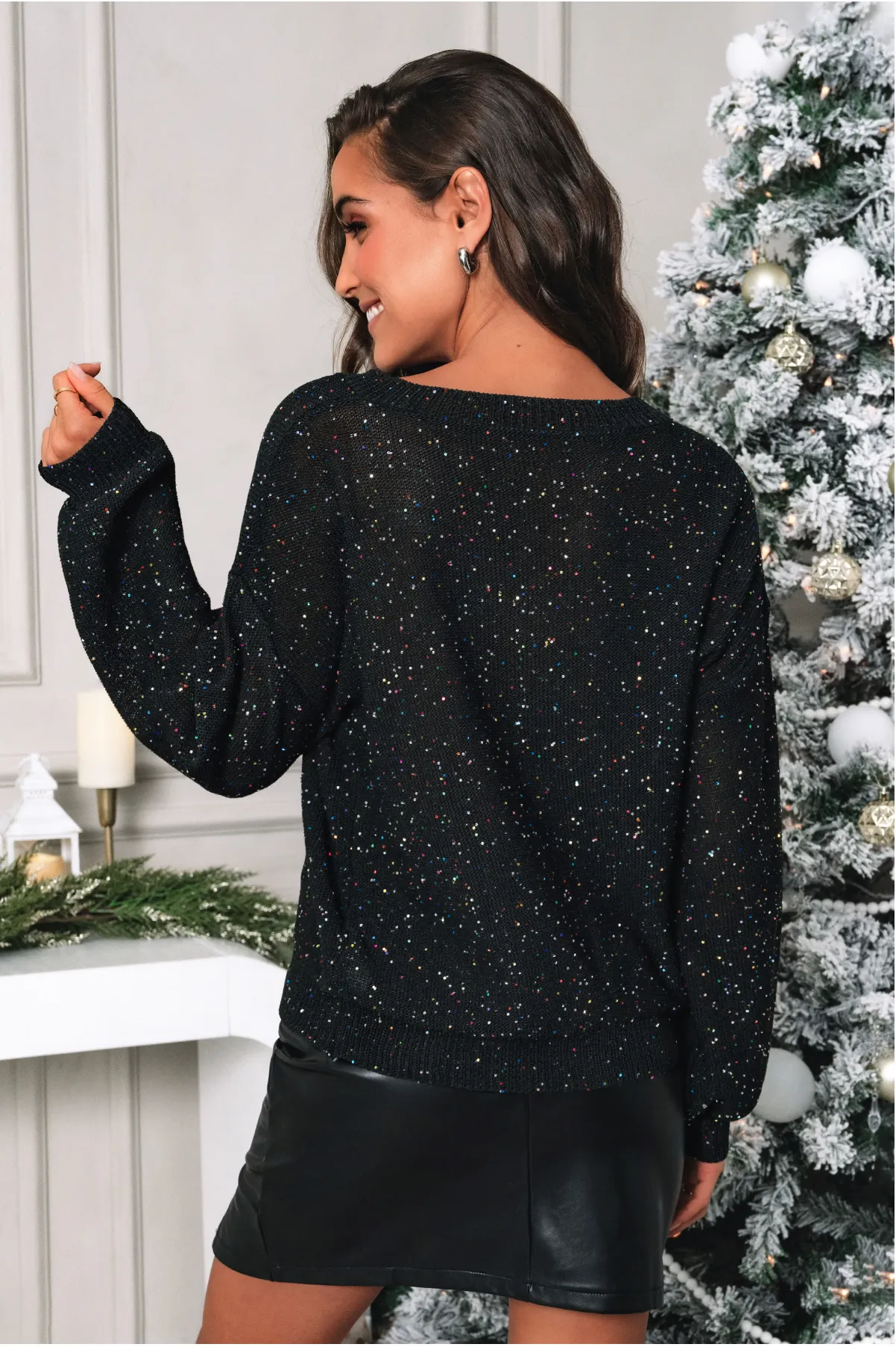 Black Confetti Knit V-Neck Sweater