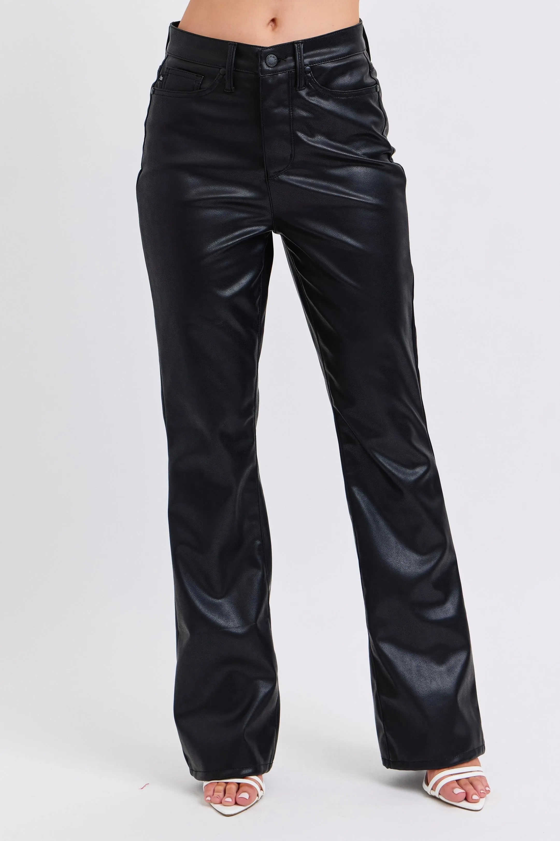 Black High Waist Tummy Control Faux Leather Bootcut Judy Blue Jeans 9/16/24 8903