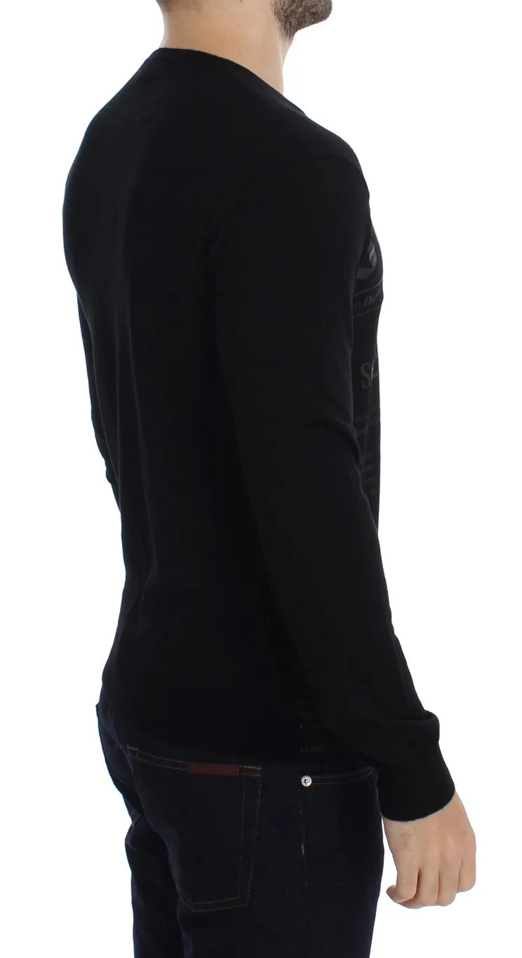 Black Newspaper Print Wool V-neck Sweater