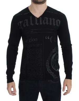 Black Newspaper Print Wool V-neck Sweater