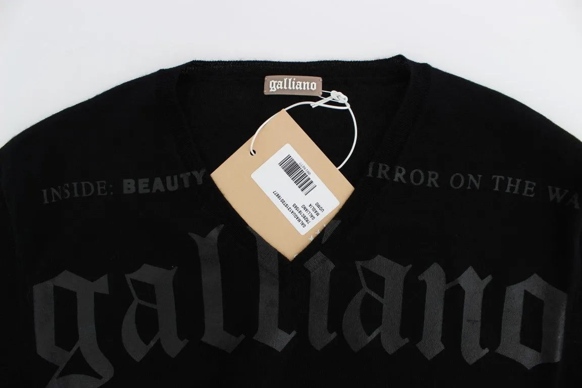 Black Newspaper Print Wool V-neck Sweater