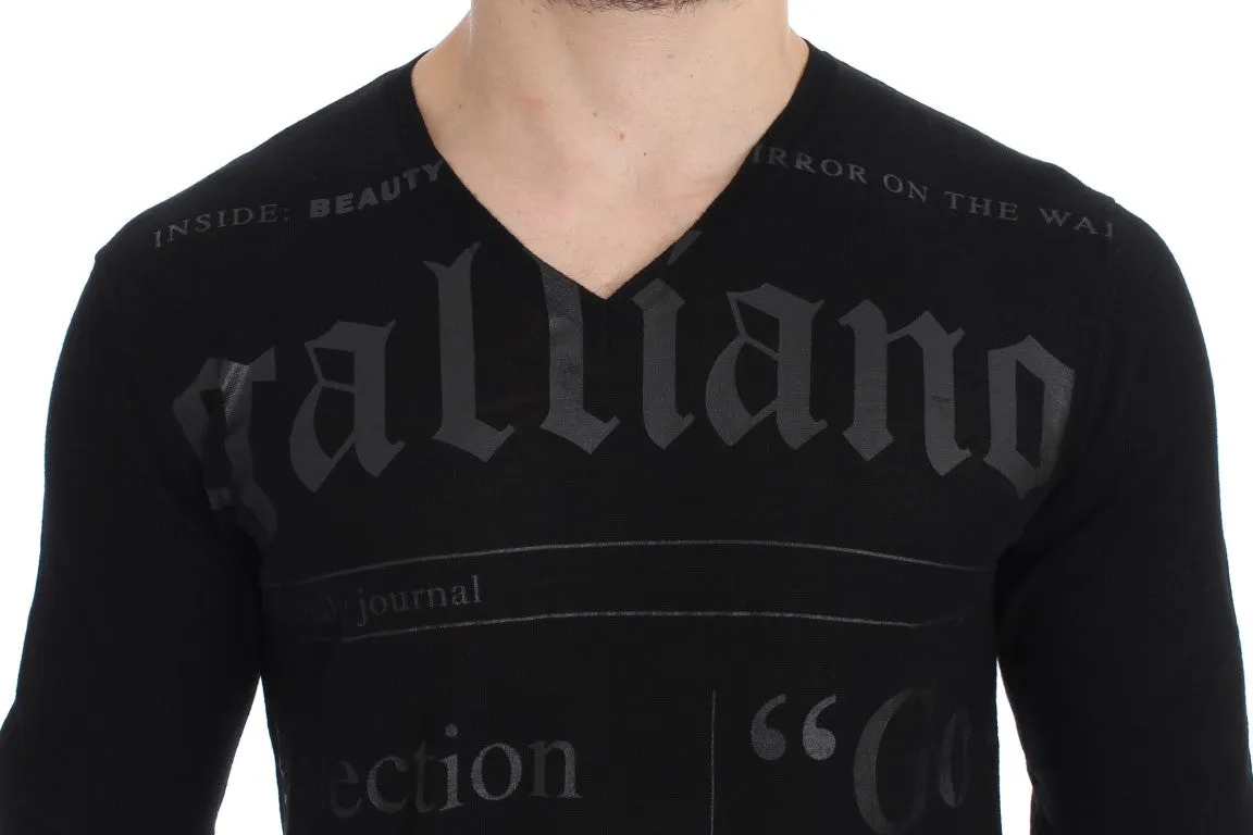 Black Newspaper Print Wool V-neck Sweater