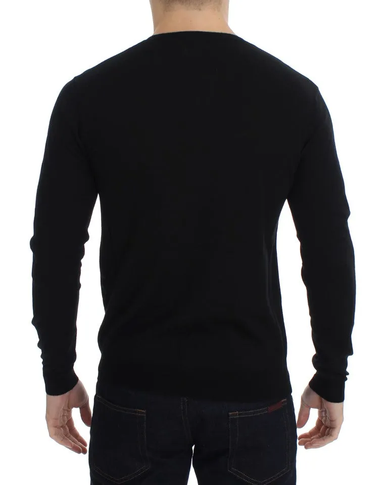 Black Newspaper Print Wool V-neck Sweater