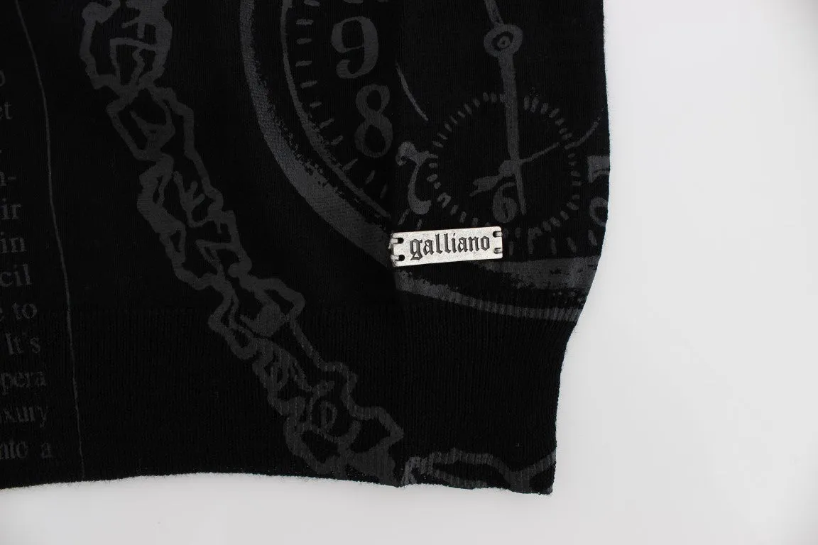 Black Newspaper Print Wool V-neck Sweater