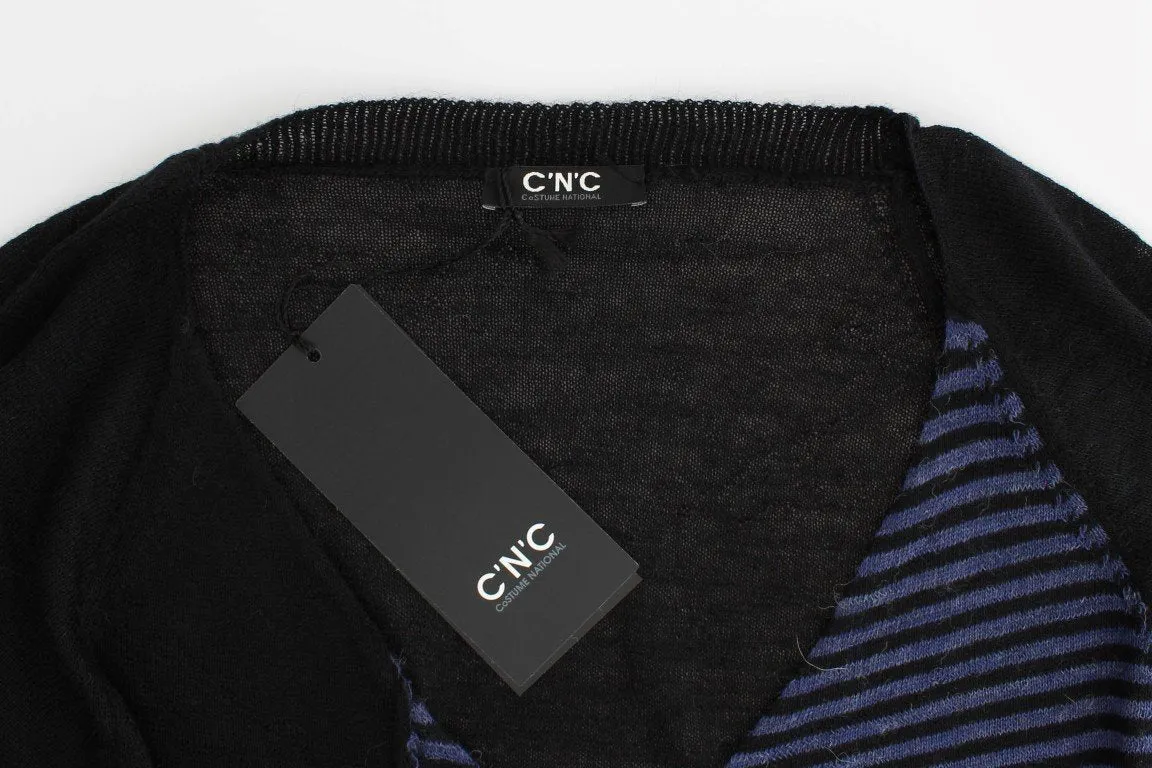 Black striped V-neck sweater