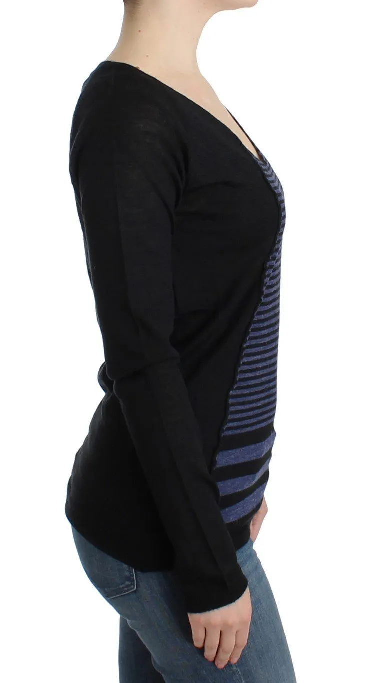 Black striped V-neck sweater