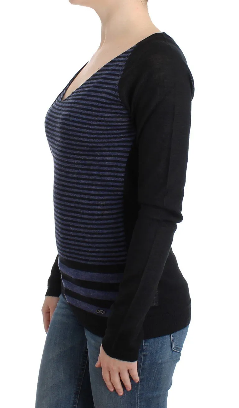Black striped V-neck sweater