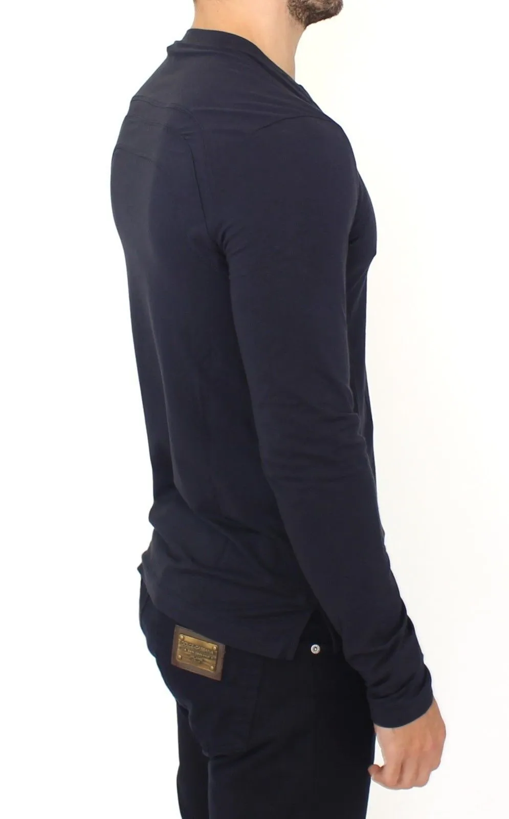 Blue Cotton Stretch V-neck Pullover Sweater