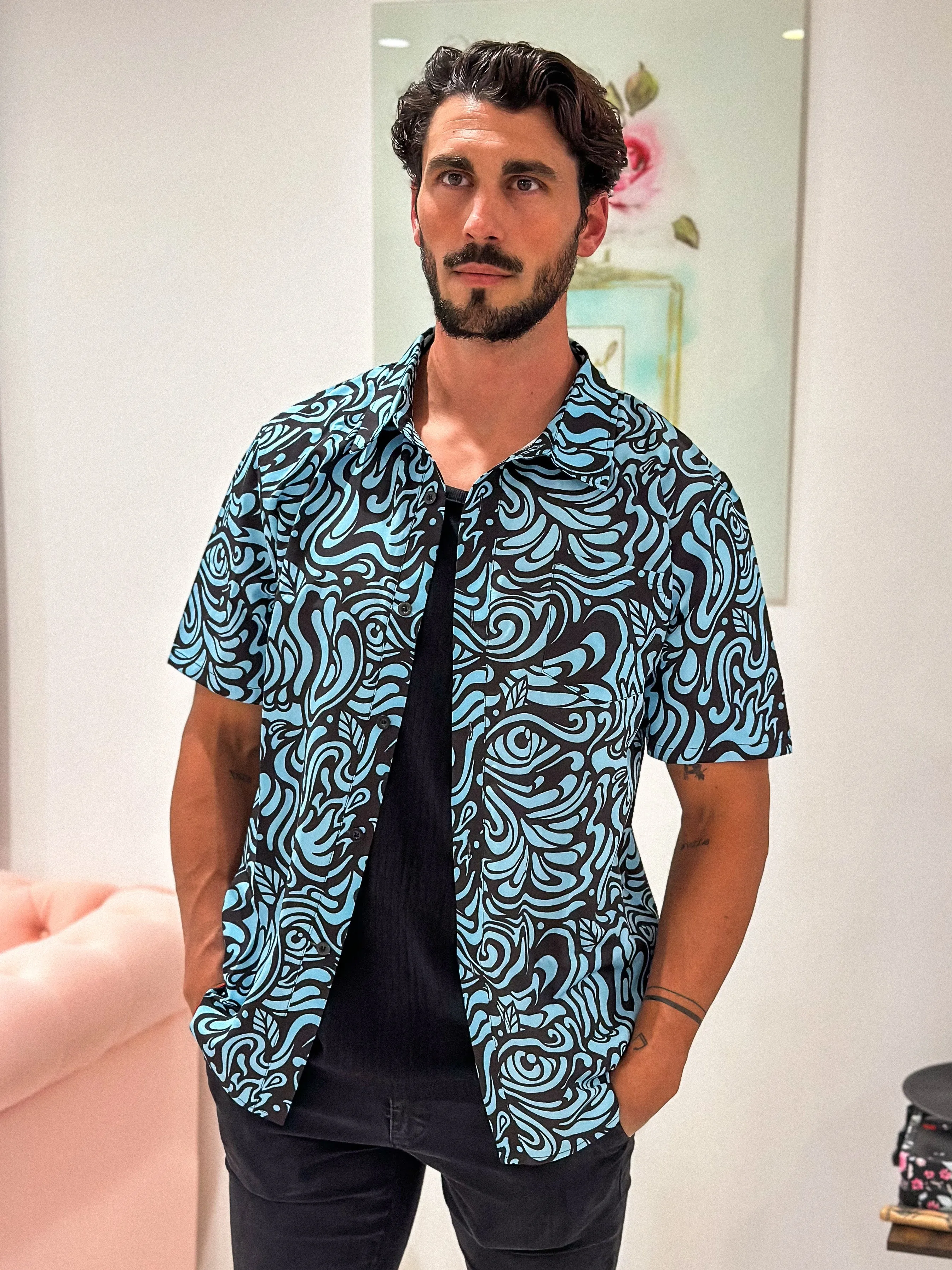 BLUE EYE SWIRL BUTTON UP COLLARED SHIRT