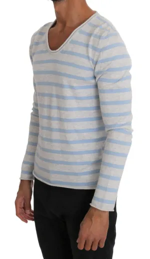 Blue Gray V-neck Cotton Pullover Sweater