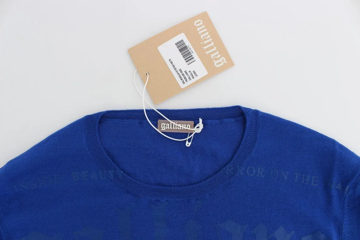 Blue Newspaper Print Wool Crewneck Sweater