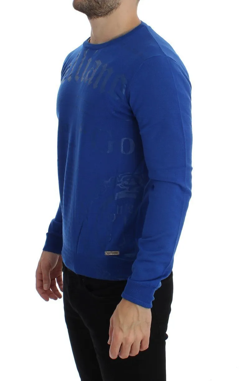 Blue Newspaper Print Wool Crewneck Sweater