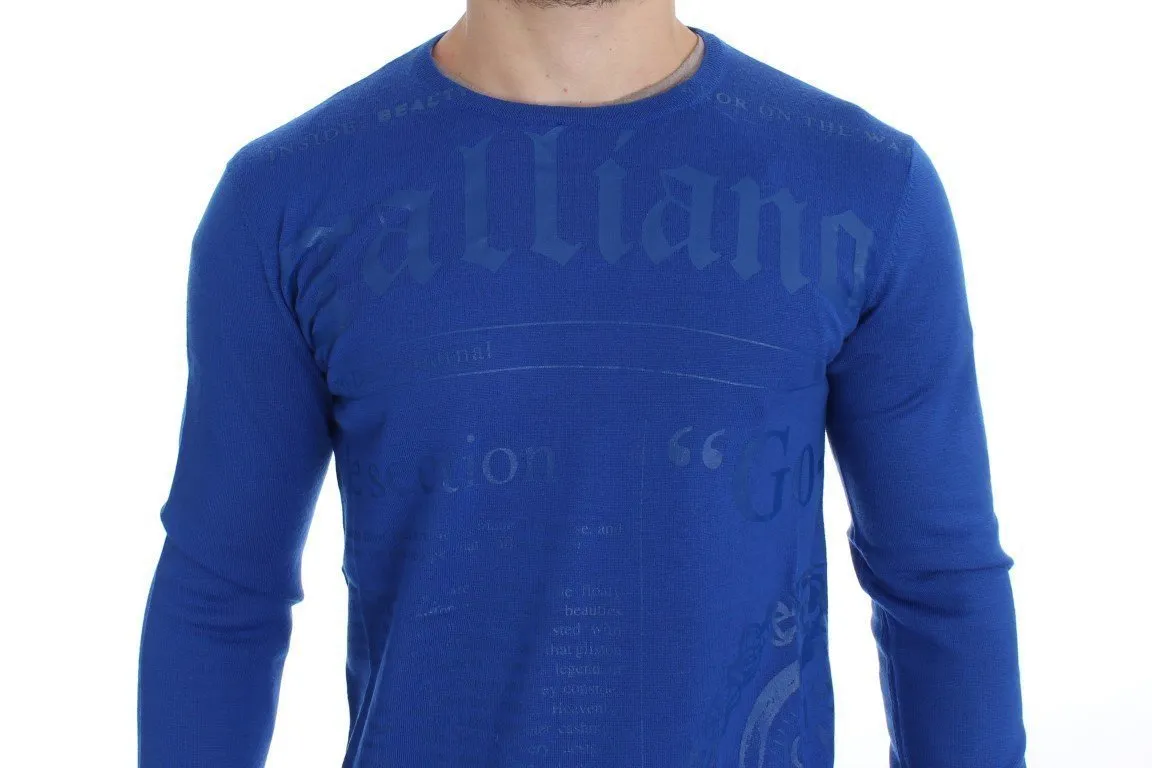 Blue Newspaper Print Wool Crewneck Sweater