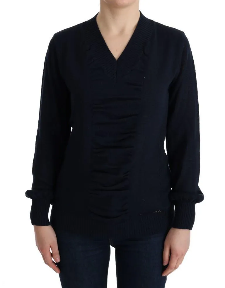 Blue V-Neck Wool Blend Sweater