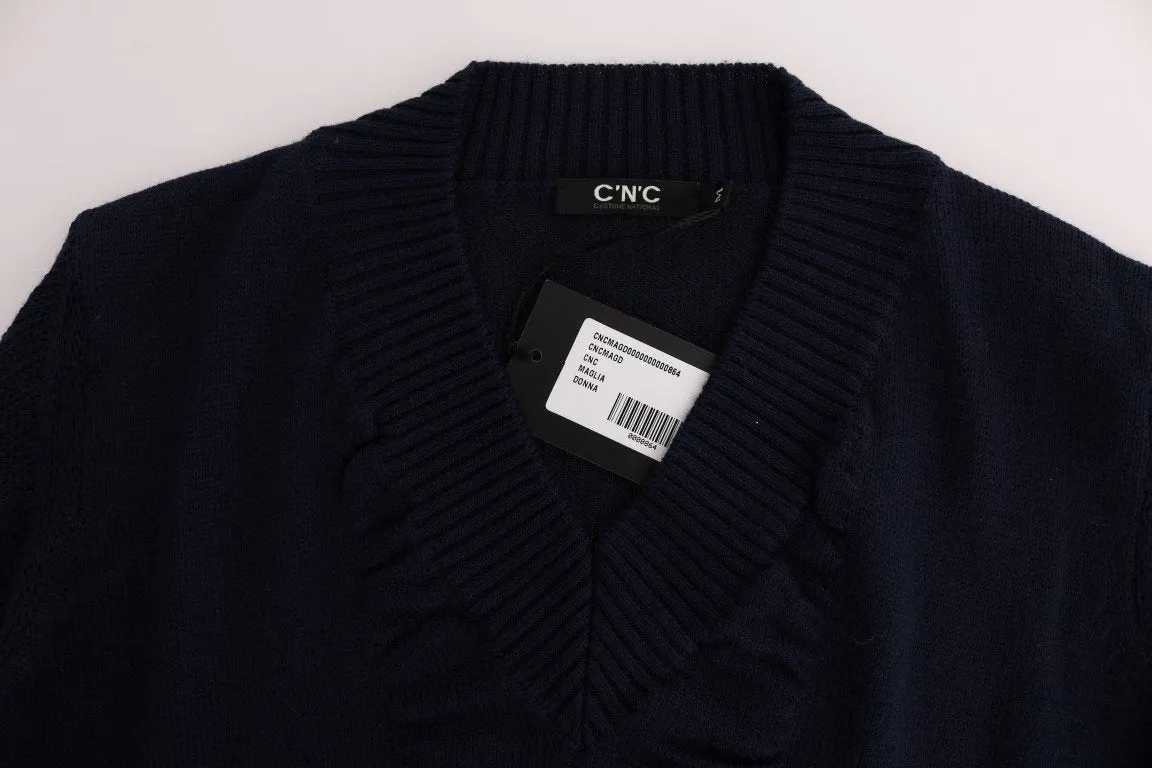 Blue V-Neck Wool Blend Sweater