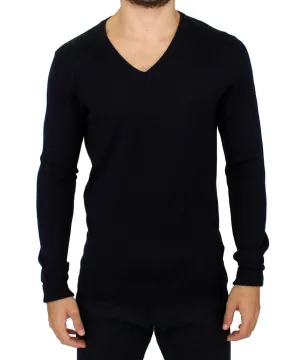 Blue Wool Blend Mens V-neck Sweater