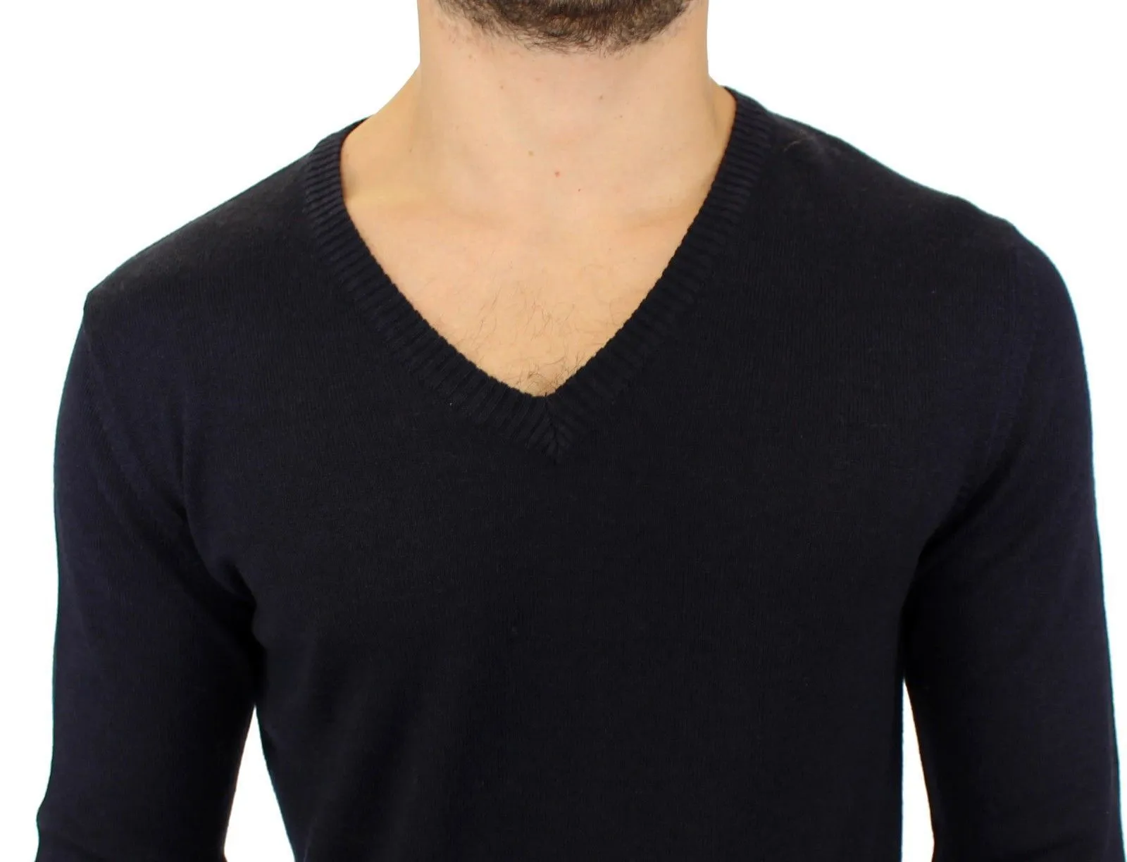 Blue Wool Blend Mens V-neck Sweater
