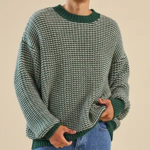 bound Green Stripe Chunky Knit Rib Oversized Sweater