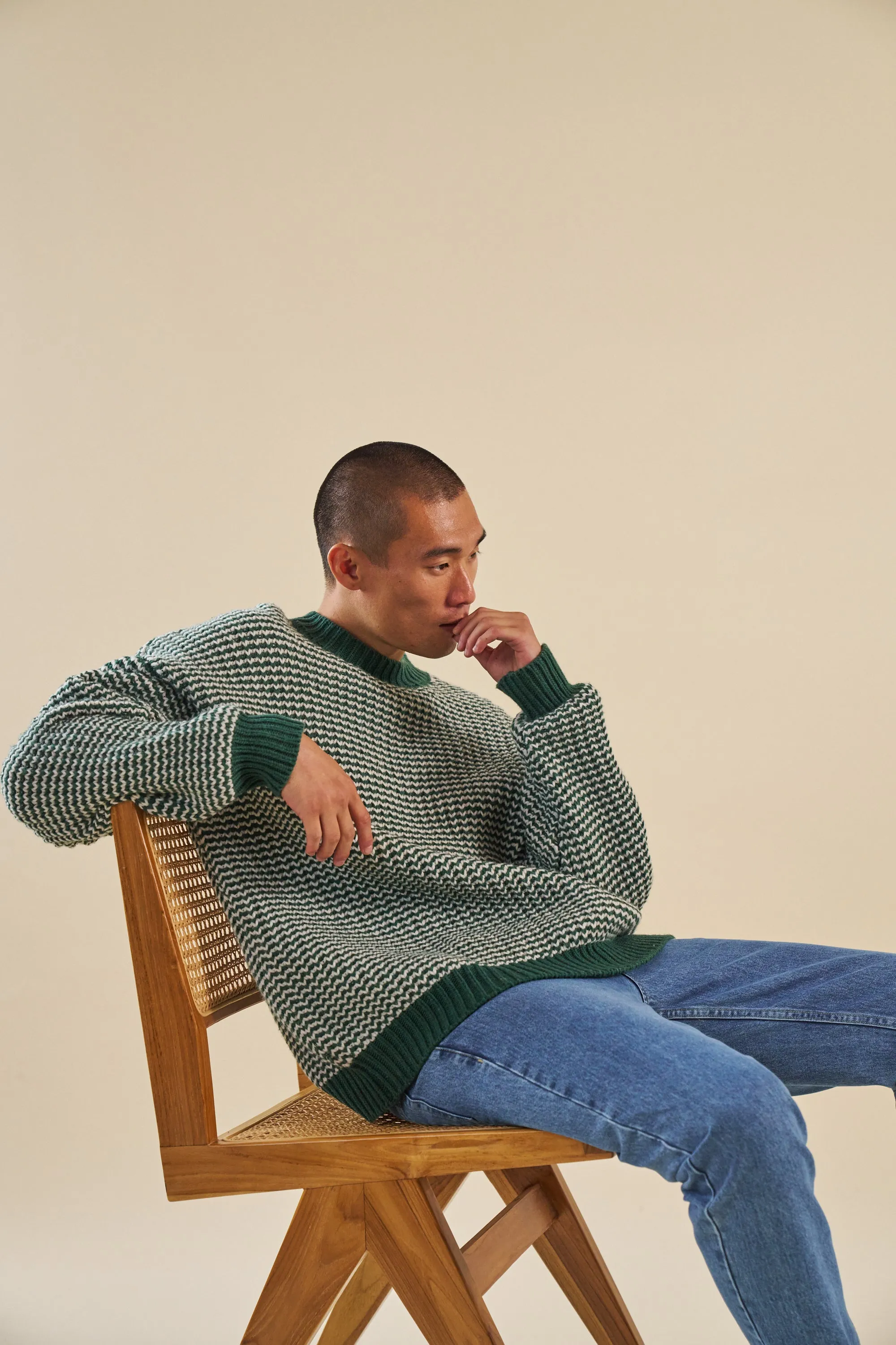 bound Green Stripe Chunky Knit Rib Oversized Sweater
