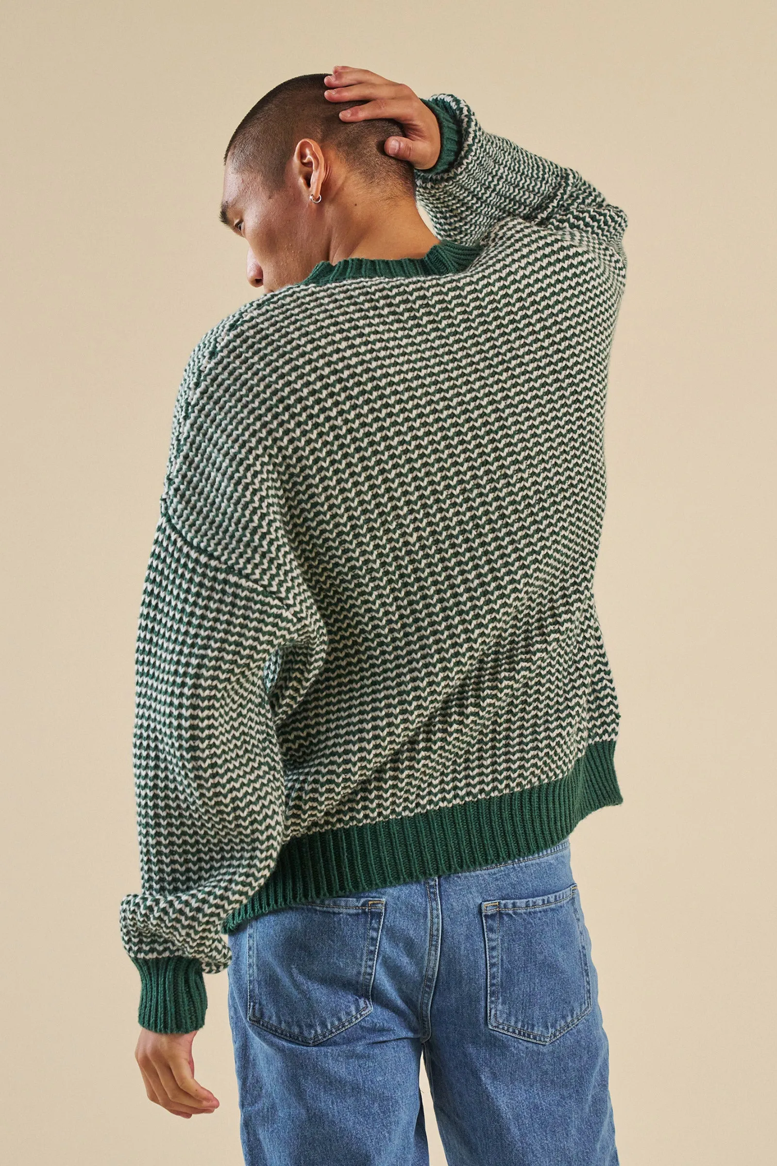 bound Green Stripe Chunky Knit Rib Oversized Sweater