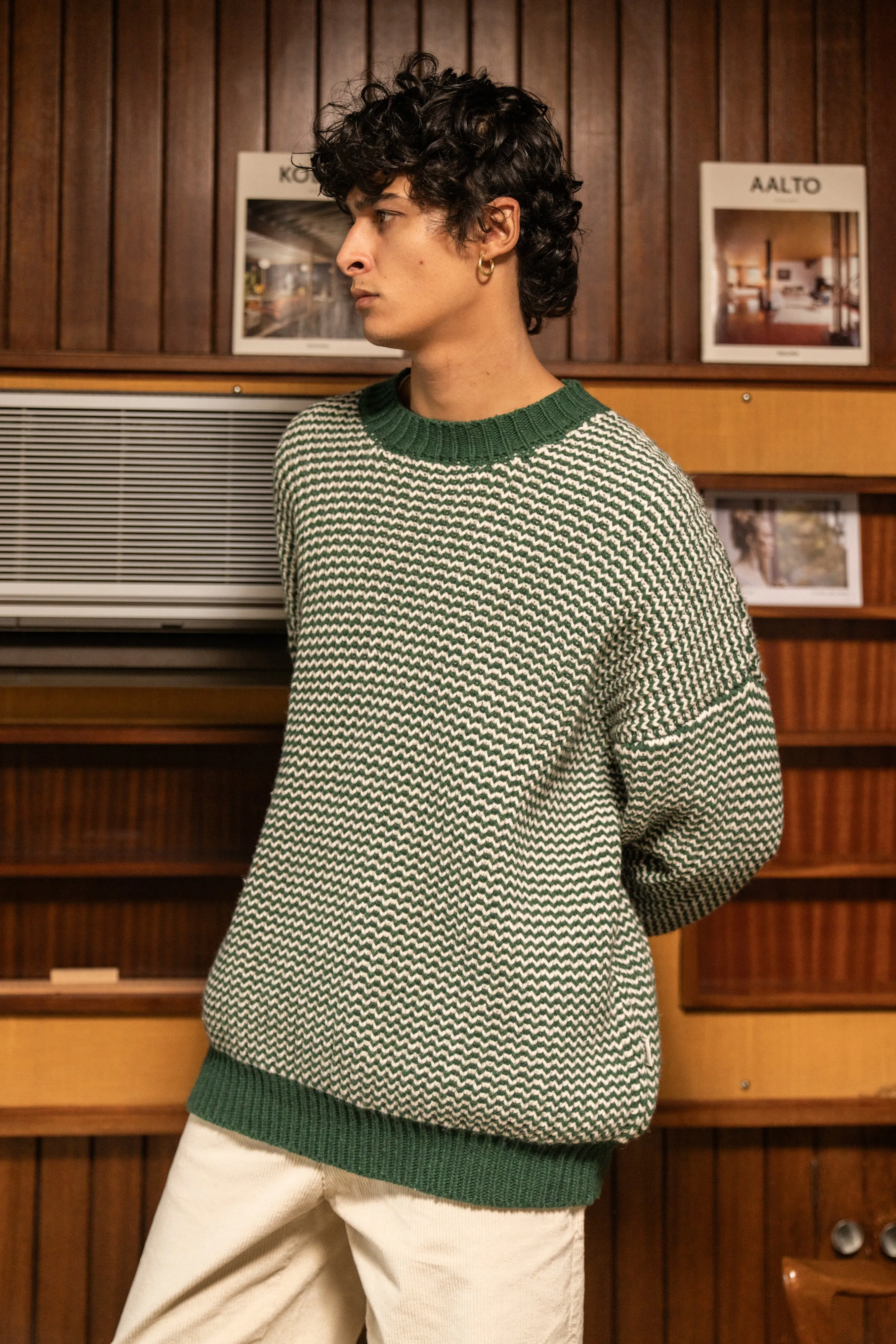 bound Green Stripe Chunky Knit Rib Oversized Sweater